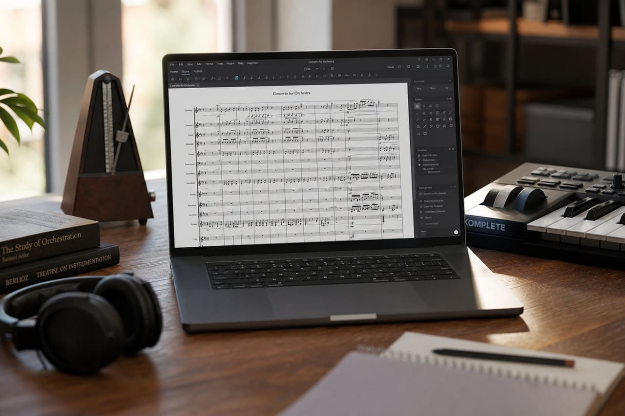 Music Notation Software Displayed on Laptop in Home Studio