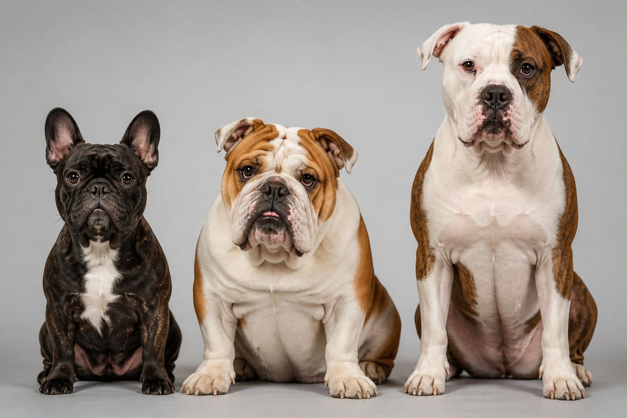 French English and American Bulldogs Sitting Side by Side