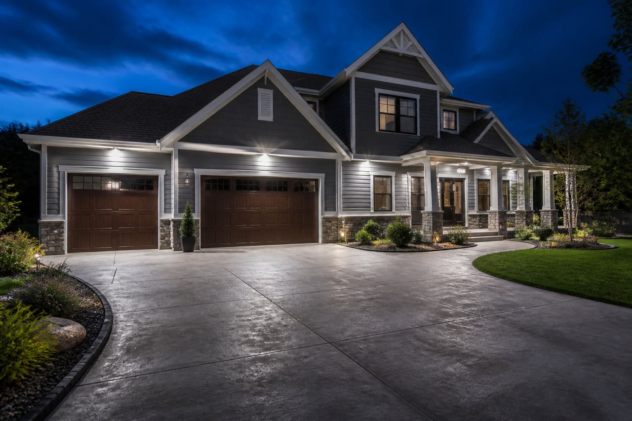Bright Exterior Residential Flood Lights Illuminating a Suburban Home Garage at Dusk