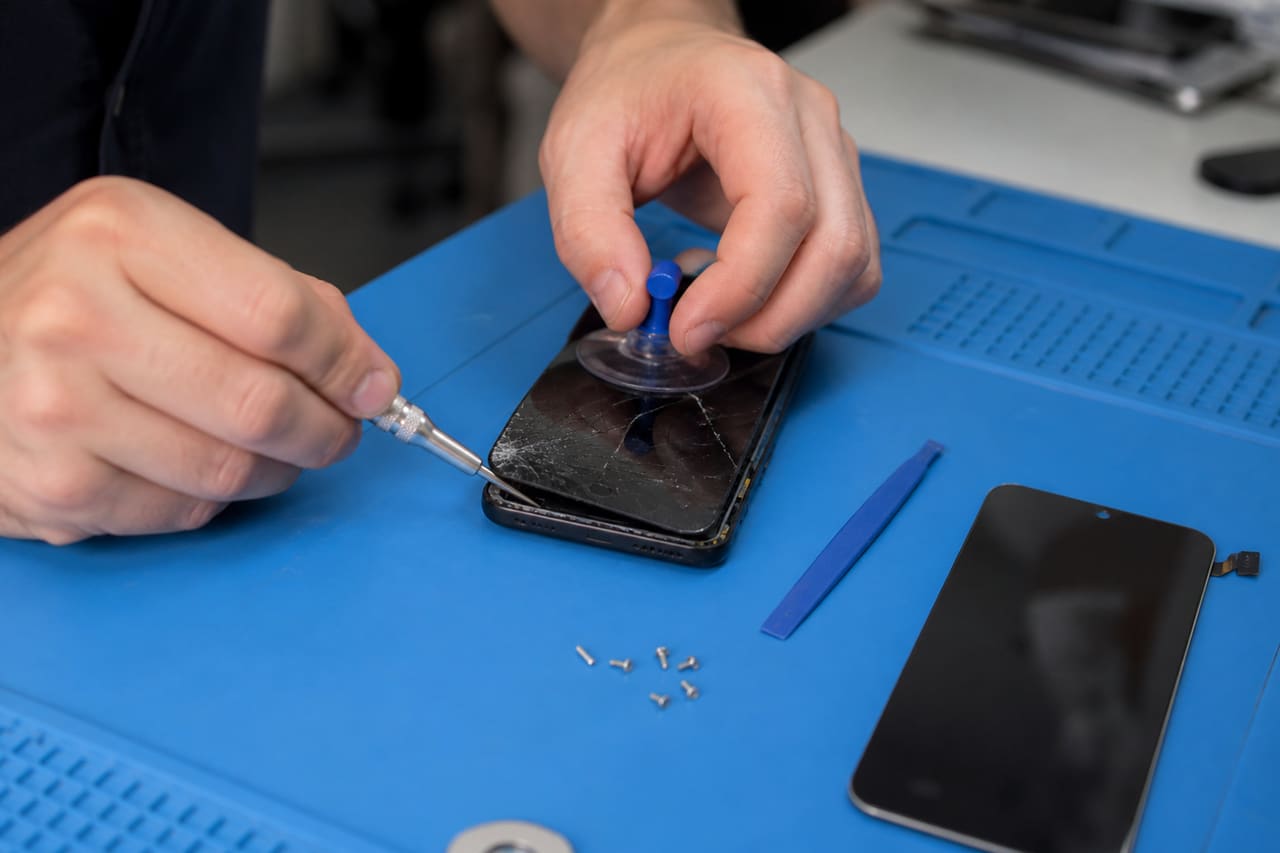 Technician Repairing a Cracked Smartphone Screen in a Workshop