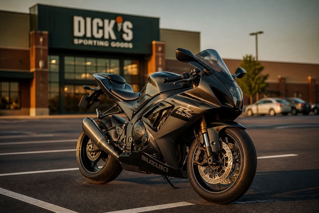 Motorcycle Displayed in a Retail Store Parking Lot