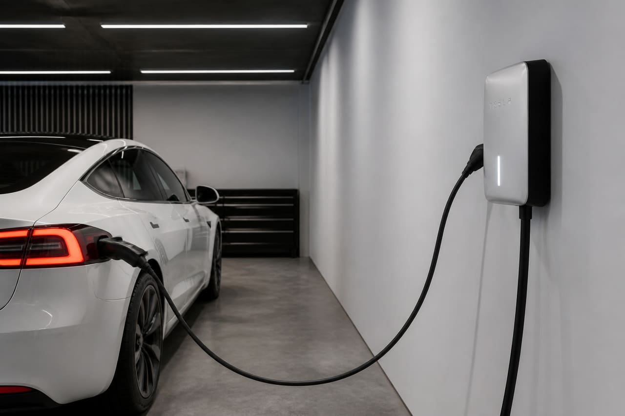 Modern Electric Vehicle Charging Station in a Residential Garage