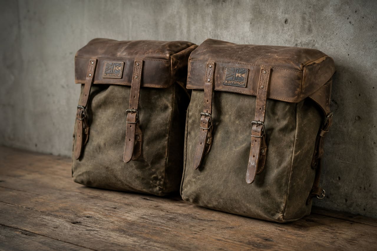 Pair of Vintage Karrimor Panniers on Rustic Wooden Floor