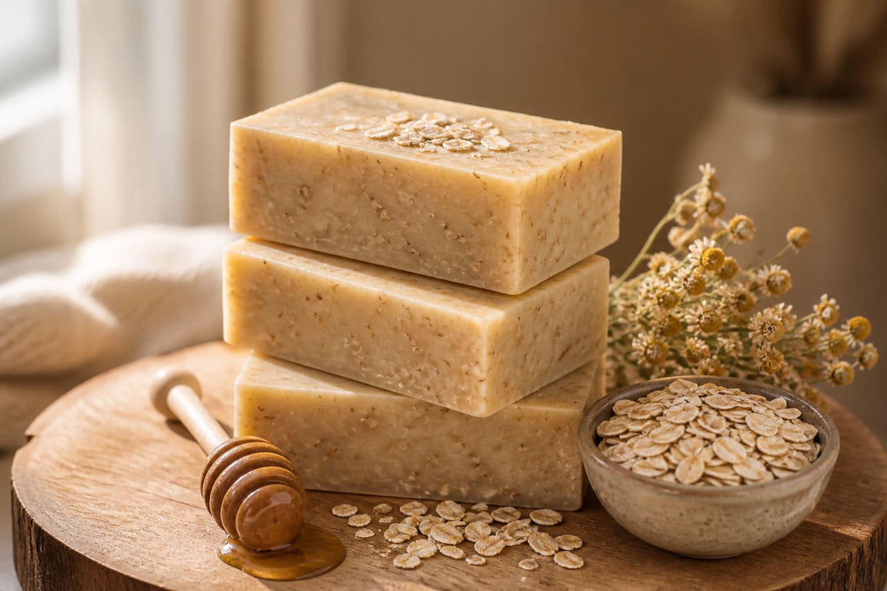 Handmade Oatmeal and Honey Soap Bars on Rustic Wood
