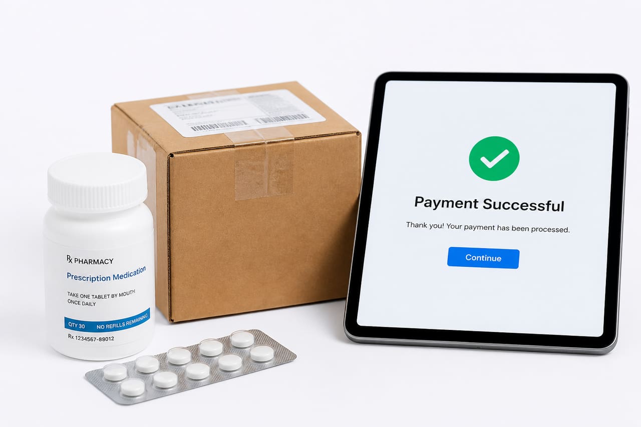 Pharmaceutical Medication Packaged for Delivery on a White Surface