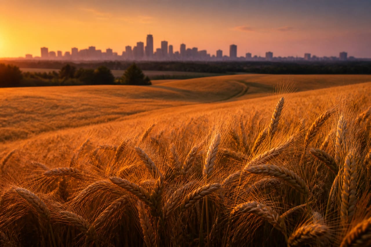 Golden Wheat Field with Edmonton Skyline at Sunset