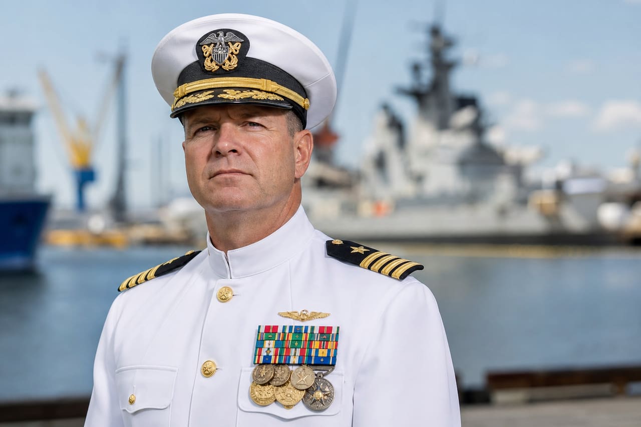 Naval Officer in Dress White Uniform at a Shipyard