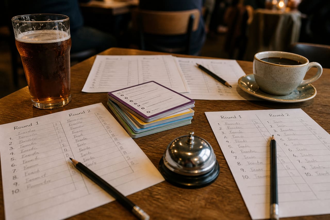 Trivia Materials and Drinks on a Rustic Wooden Table