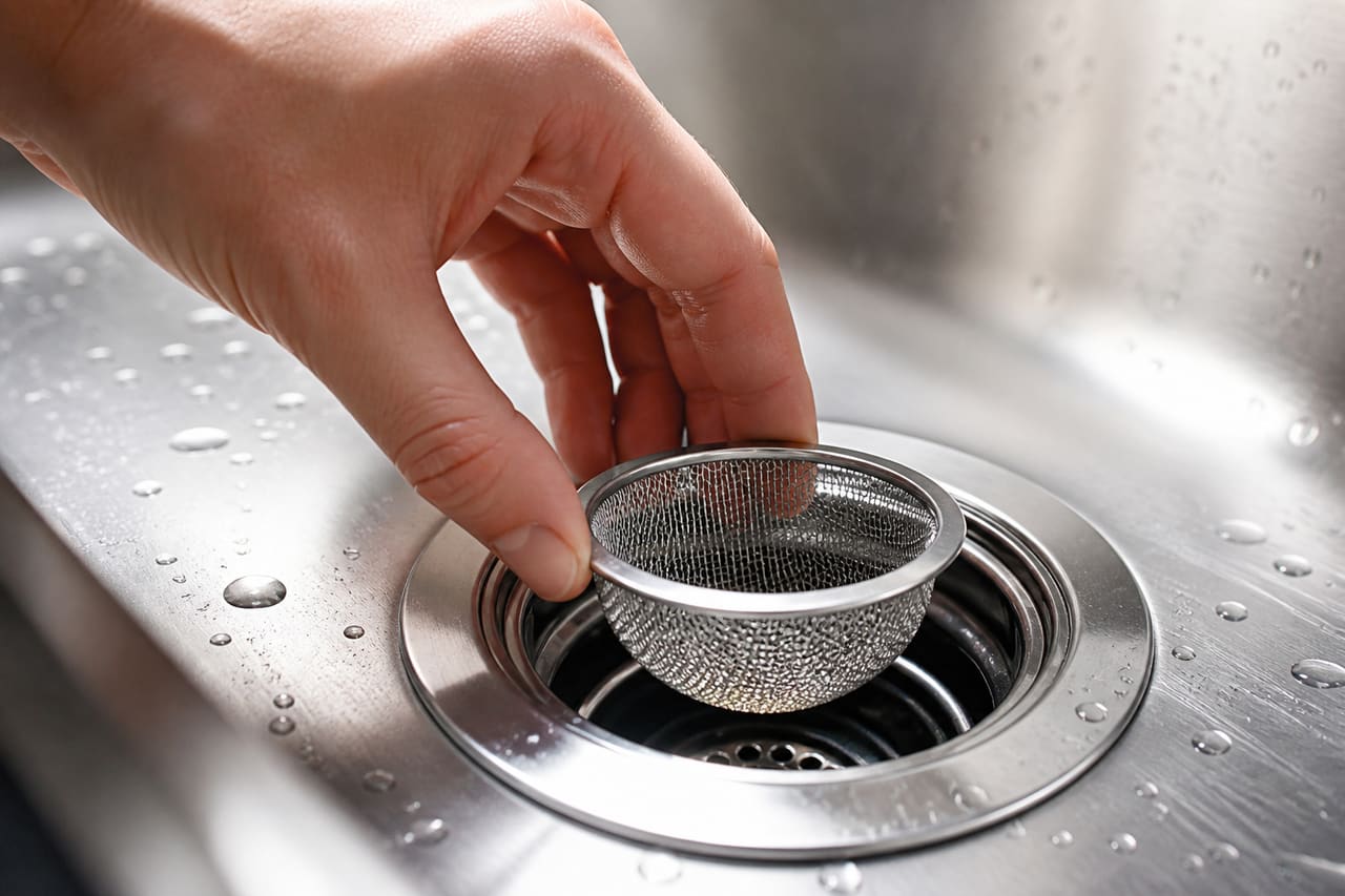 Hand Installing a Stainless Steel Mesh Drain Strainer in a Kitchen Sink