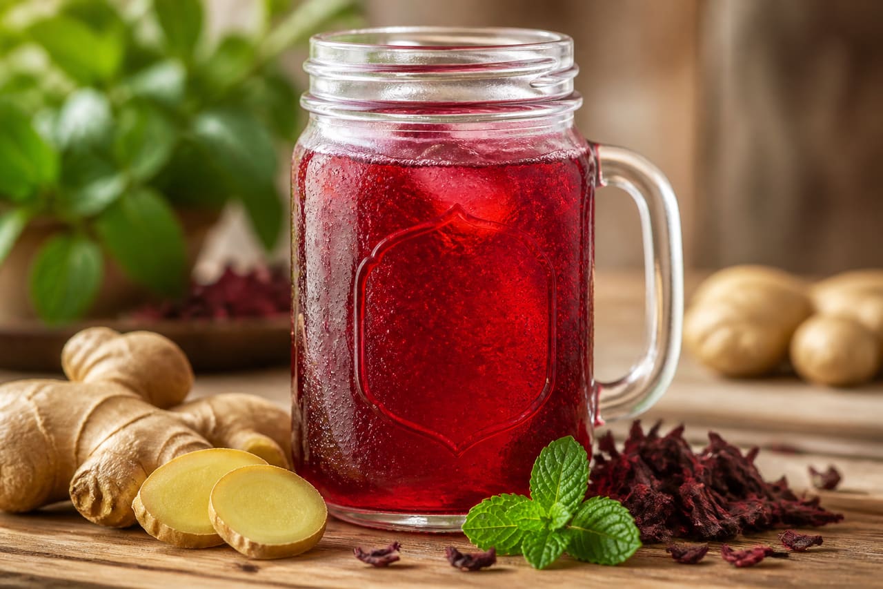 Hibiscus Ginger Kombucha in a Glass Jar with Fresh Ingredients