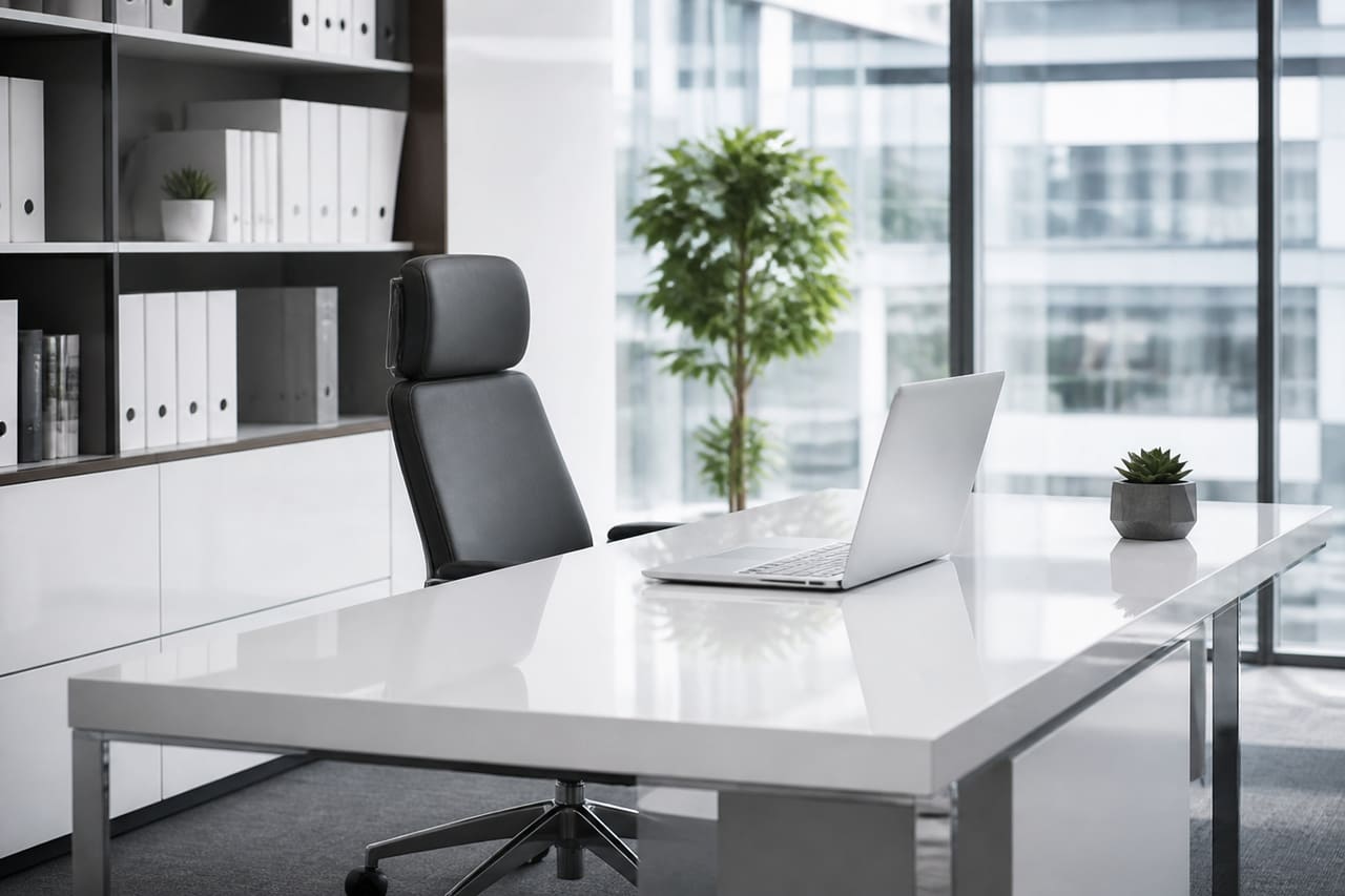 Modern Minimalist Executive Desk in a Bright Corporate Office