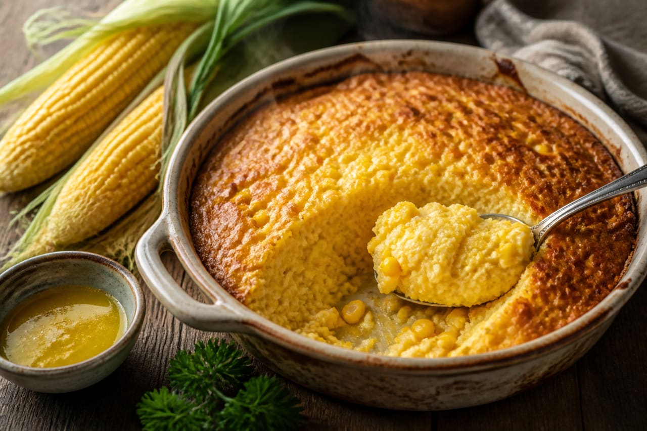Freshly Baked Corn Pudding in a Rustic Ceramic Dish