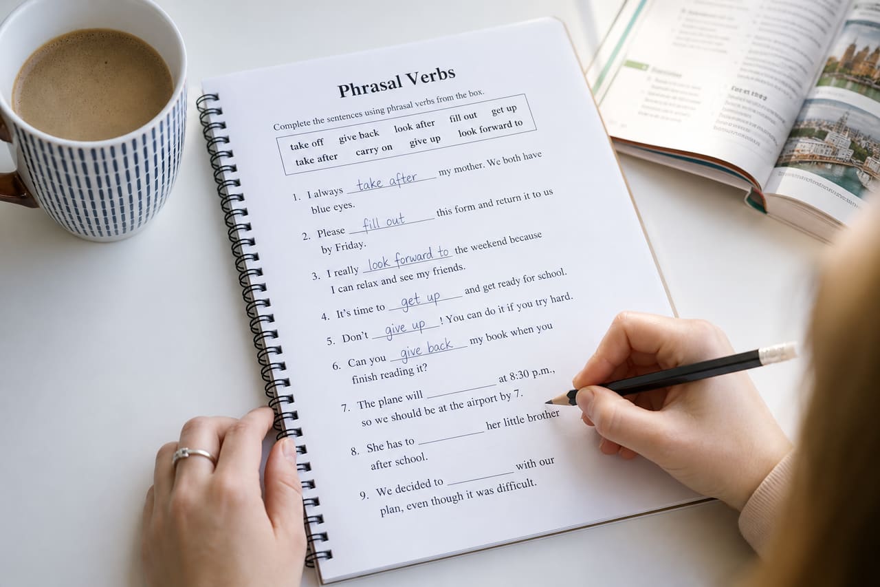 Student Completing Phrasal Verb Exercises in a Notebook