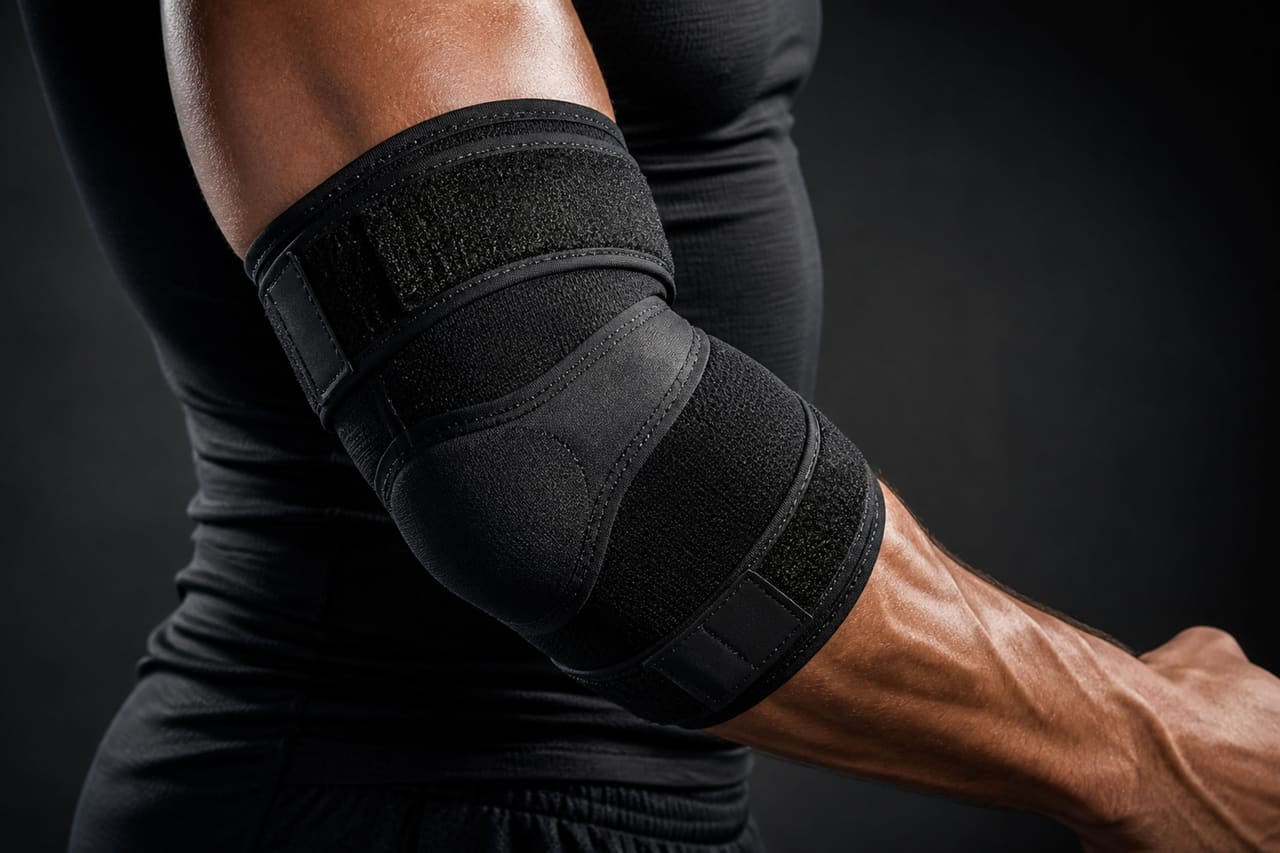 Muscular Athlete Wearing a Professional Compression Elbow Brace