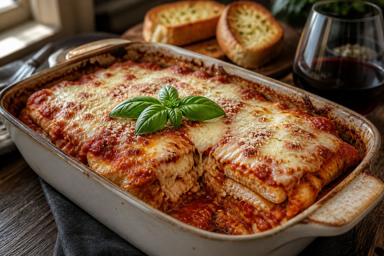 Chicken Parm Lasagna in a Rustic Baking Dish