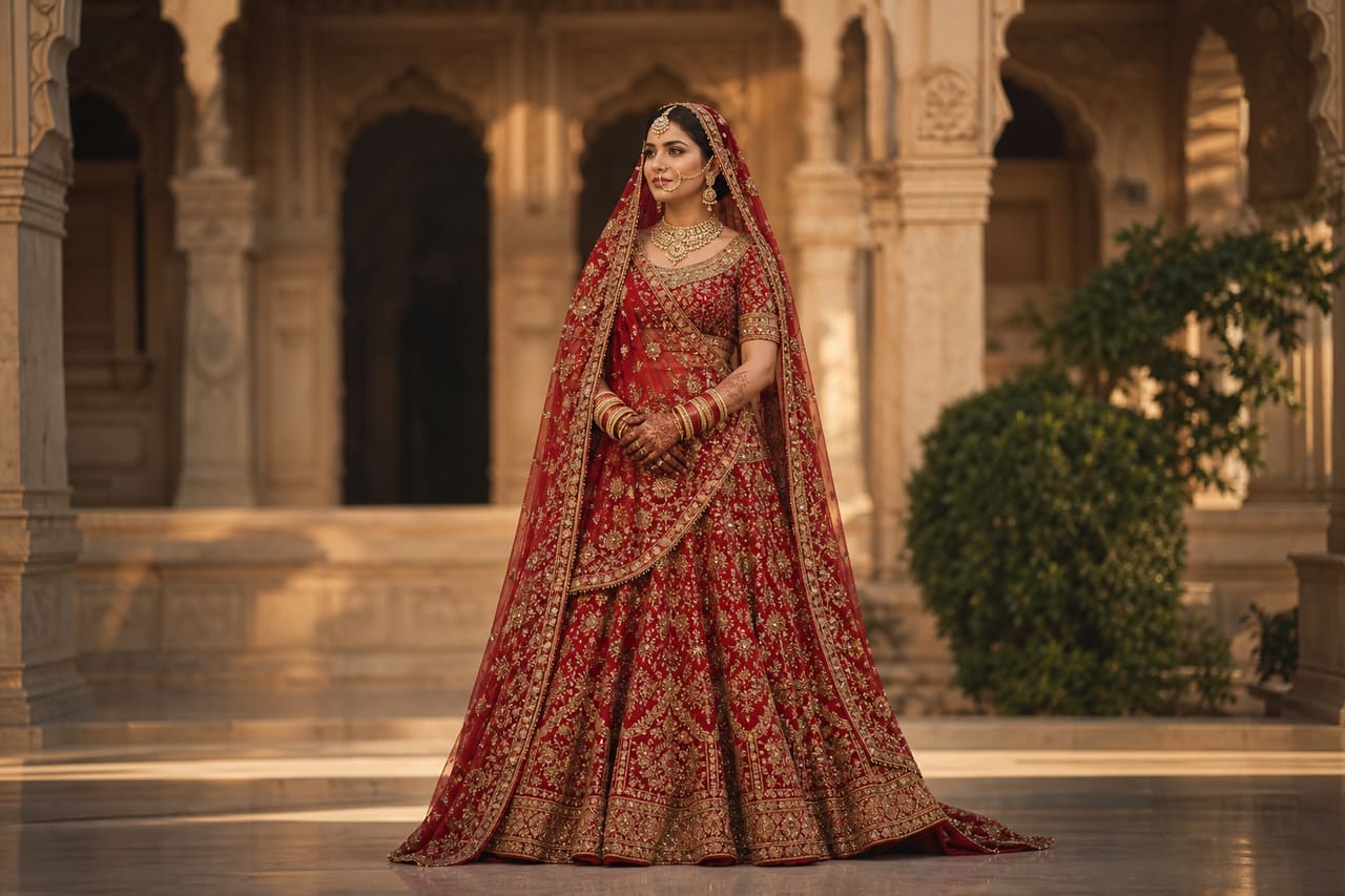 Traditional Indian Bride Wearing a Red and Gold Bridal Lehenga