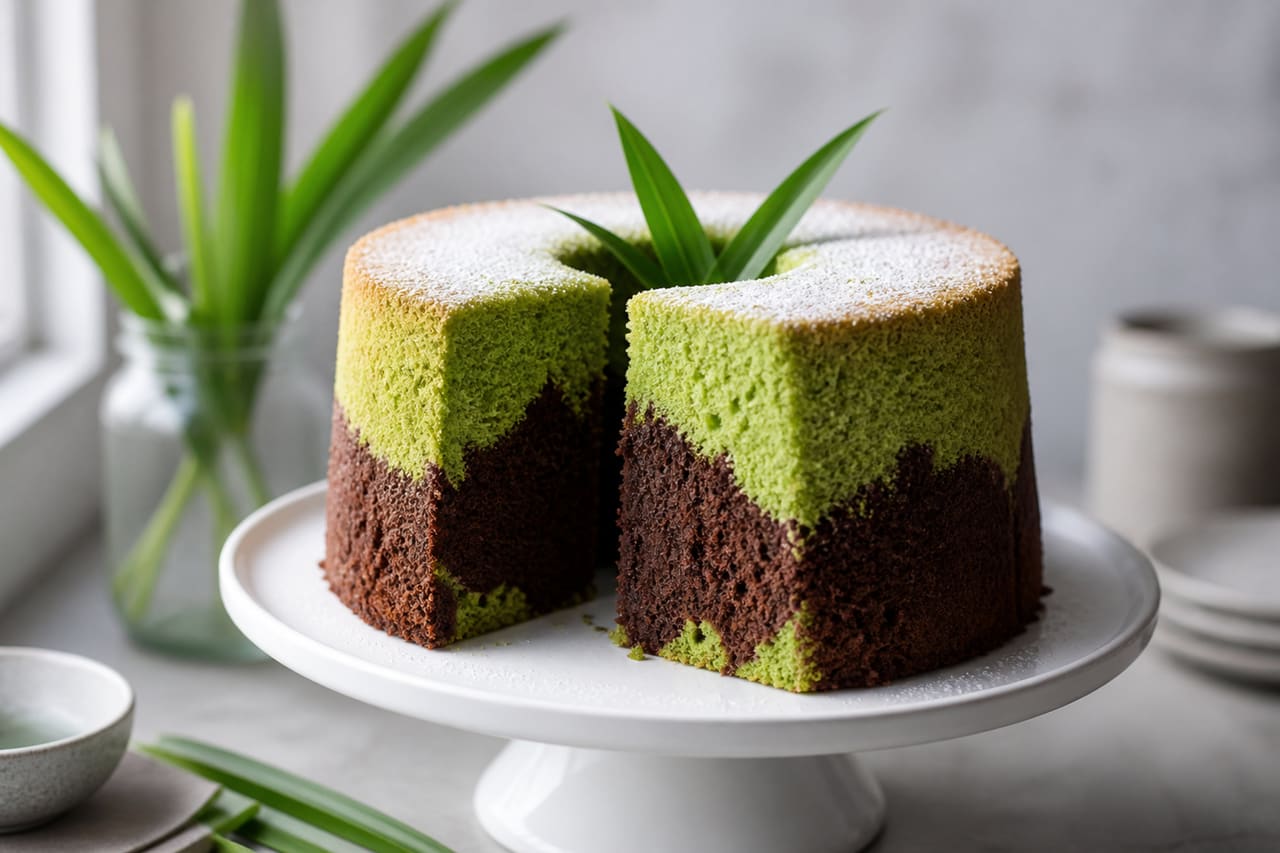 Sliced Pandan Chocolate Chiffon Cake on White Stand