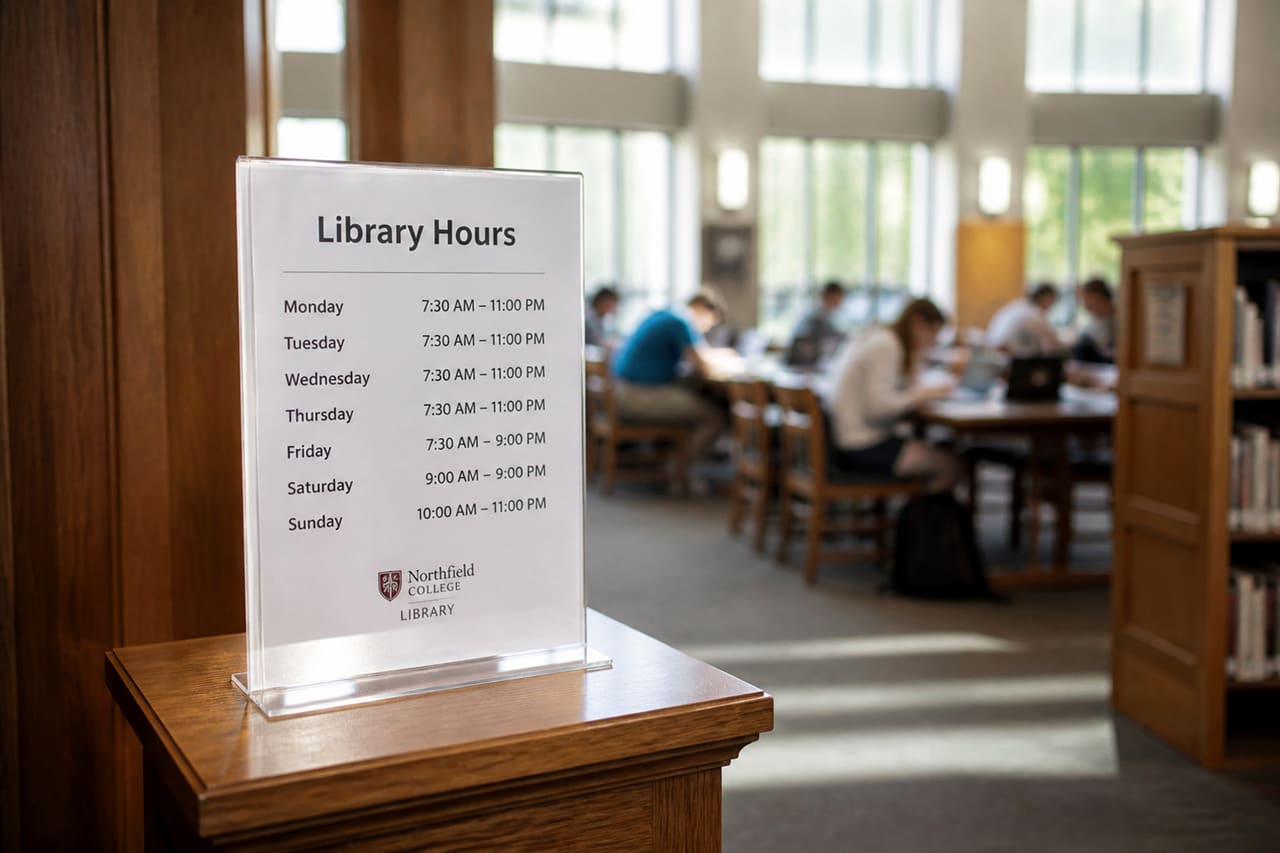 Information Sign Displaying Library Hours in a College Lobby