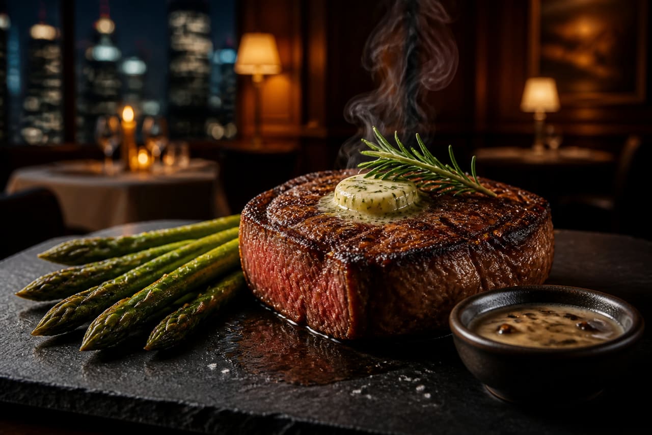 Seared Ribeye Steak Served in an Upscale Downtown Restaurant