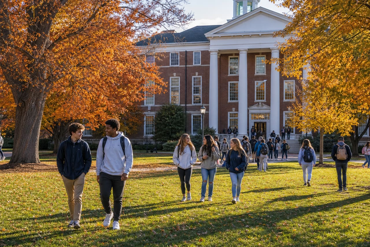 Students Walking Through a Traditional Red Brick High School Campus