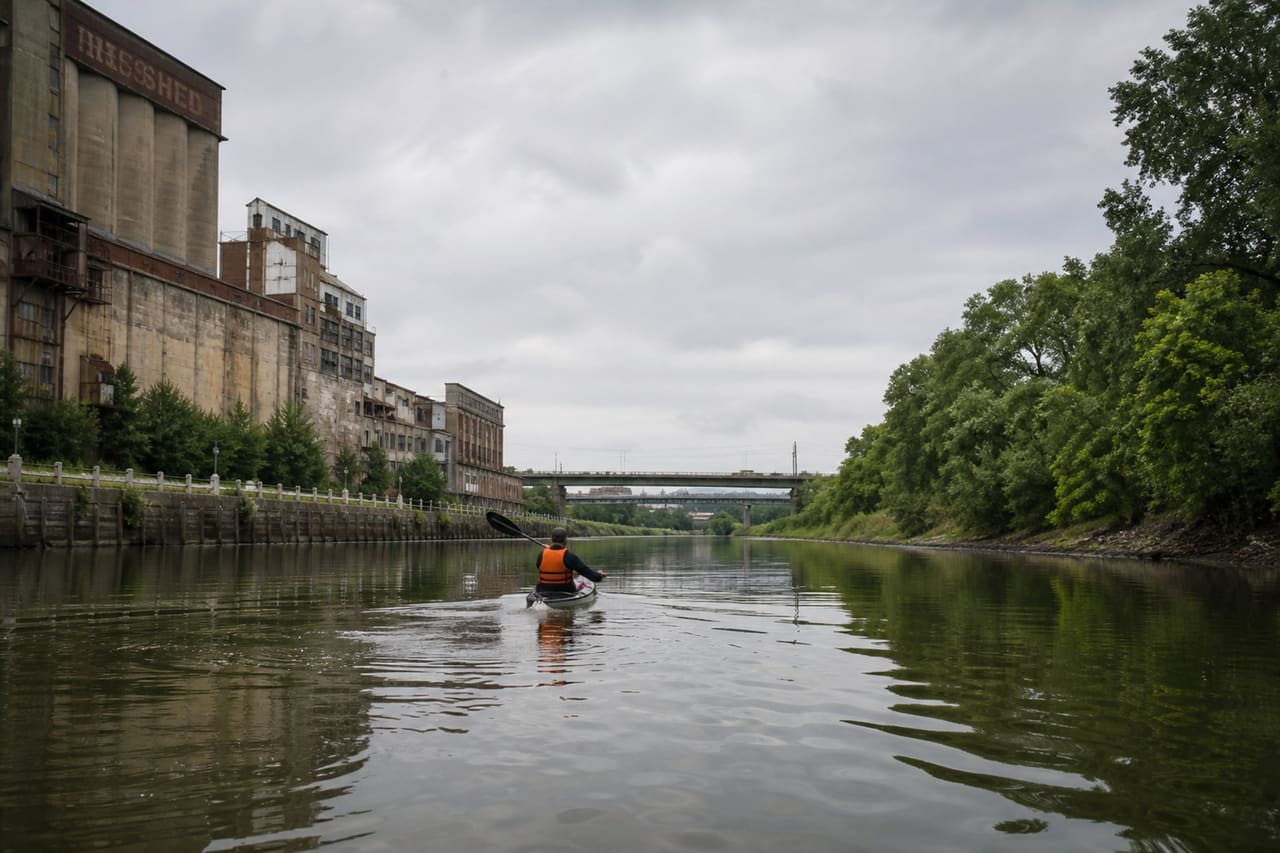 Kayaker Paddling Through a River Waterway in Newcastle