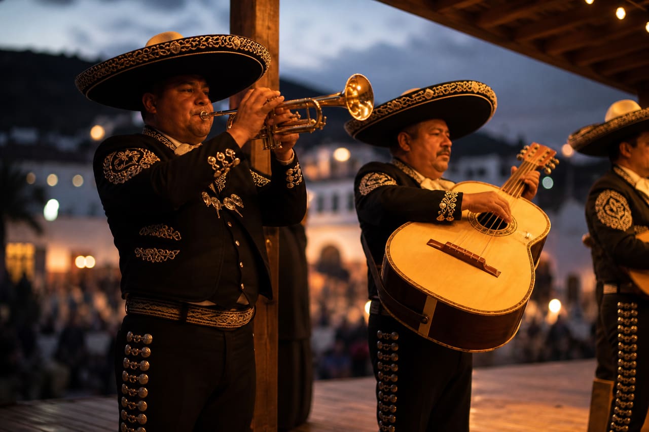 Musicians Performing Traditional Mexican Folk Music on a Stage