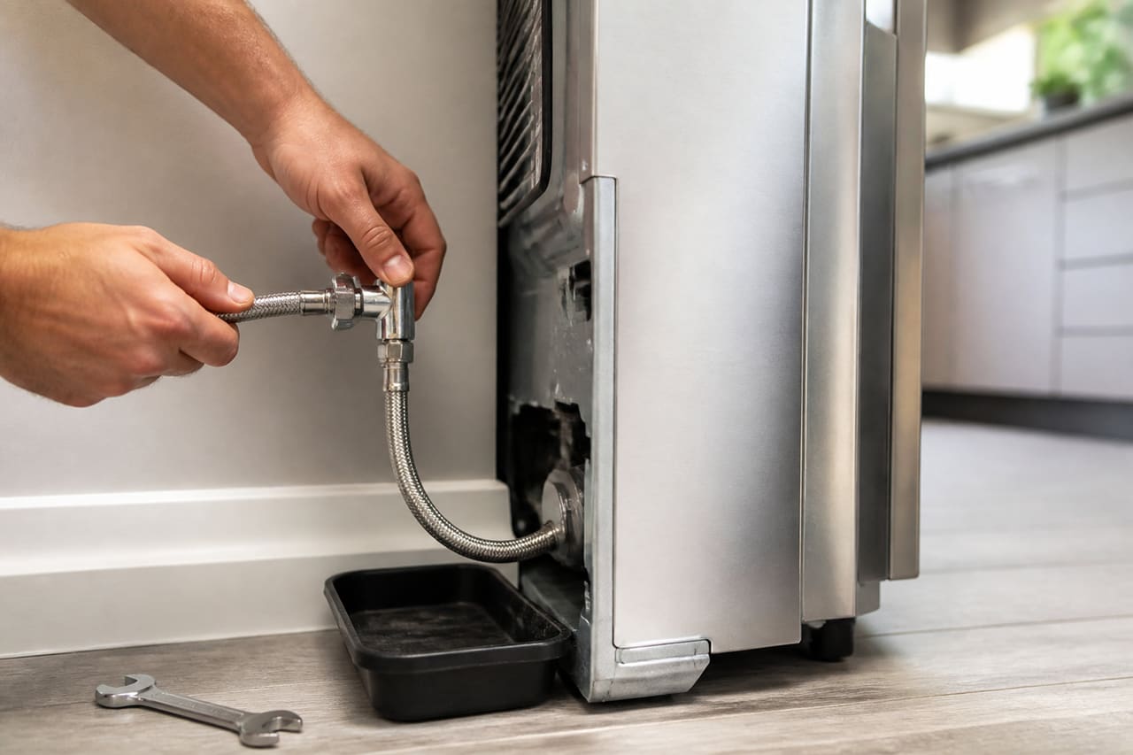 Plumber Installing Water Connection for American Style Refrigerator