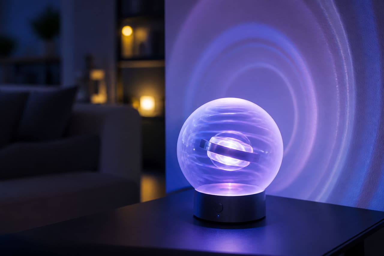 Modern LED Rotating Ball Lamp on a Dark Side Table