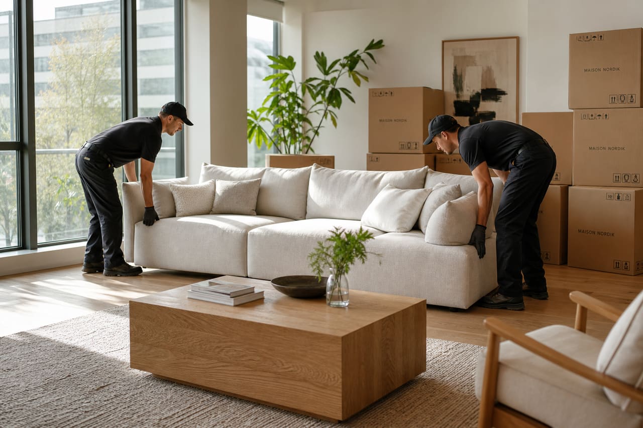 Delivery Workers Unboxing Modern Sofa in Bright Living Room