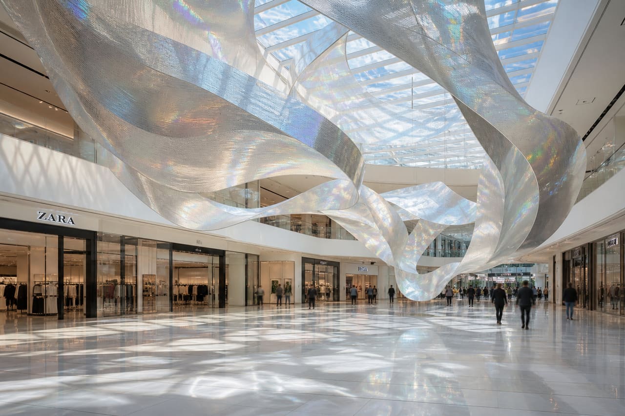 Kinetic Sculpture Installation in a Modern Shopping Mall Atrium