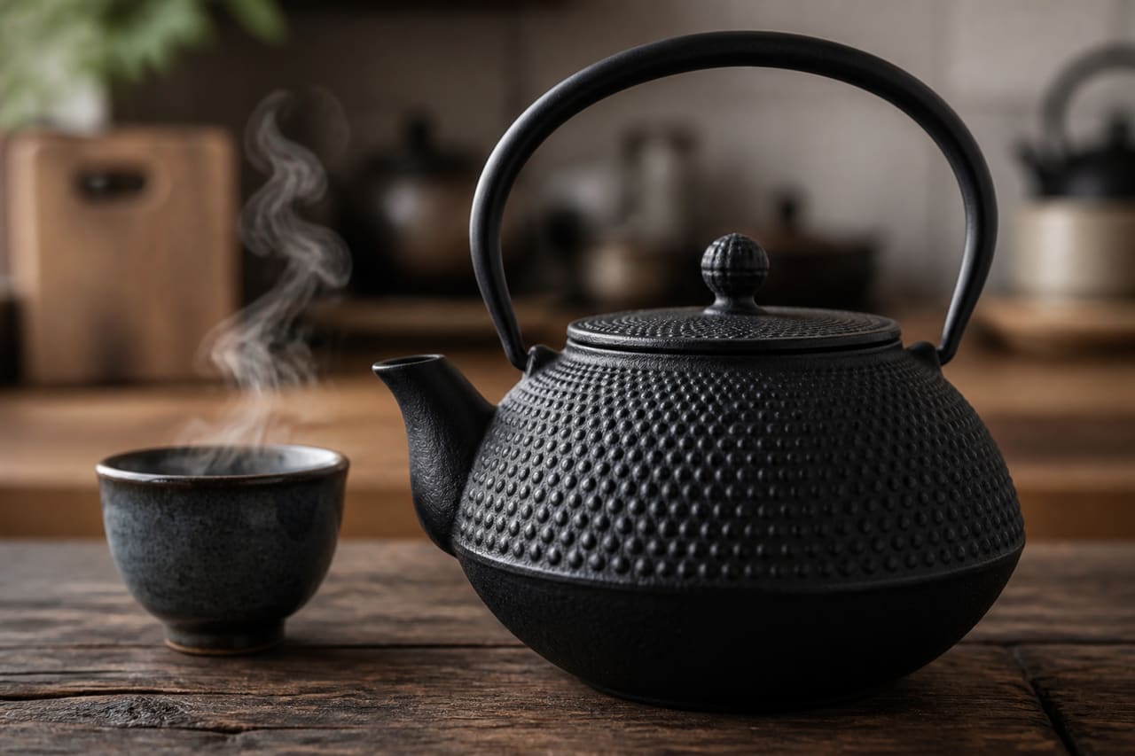 Traditional Cast Iron Hobnail Teapot on a Rustic Wooden Table