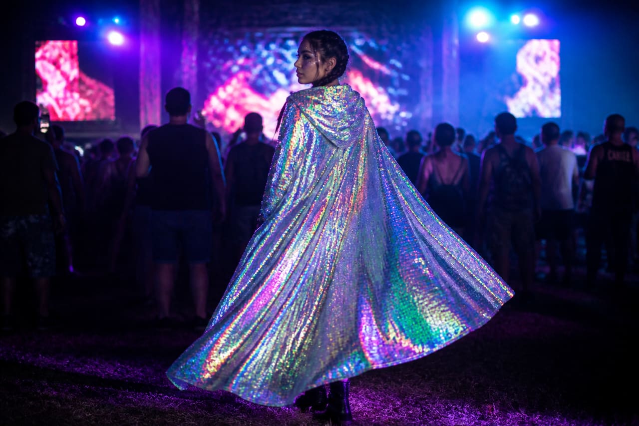 Person Wearing a Holographic Sequin Rave Robe at Music Festival