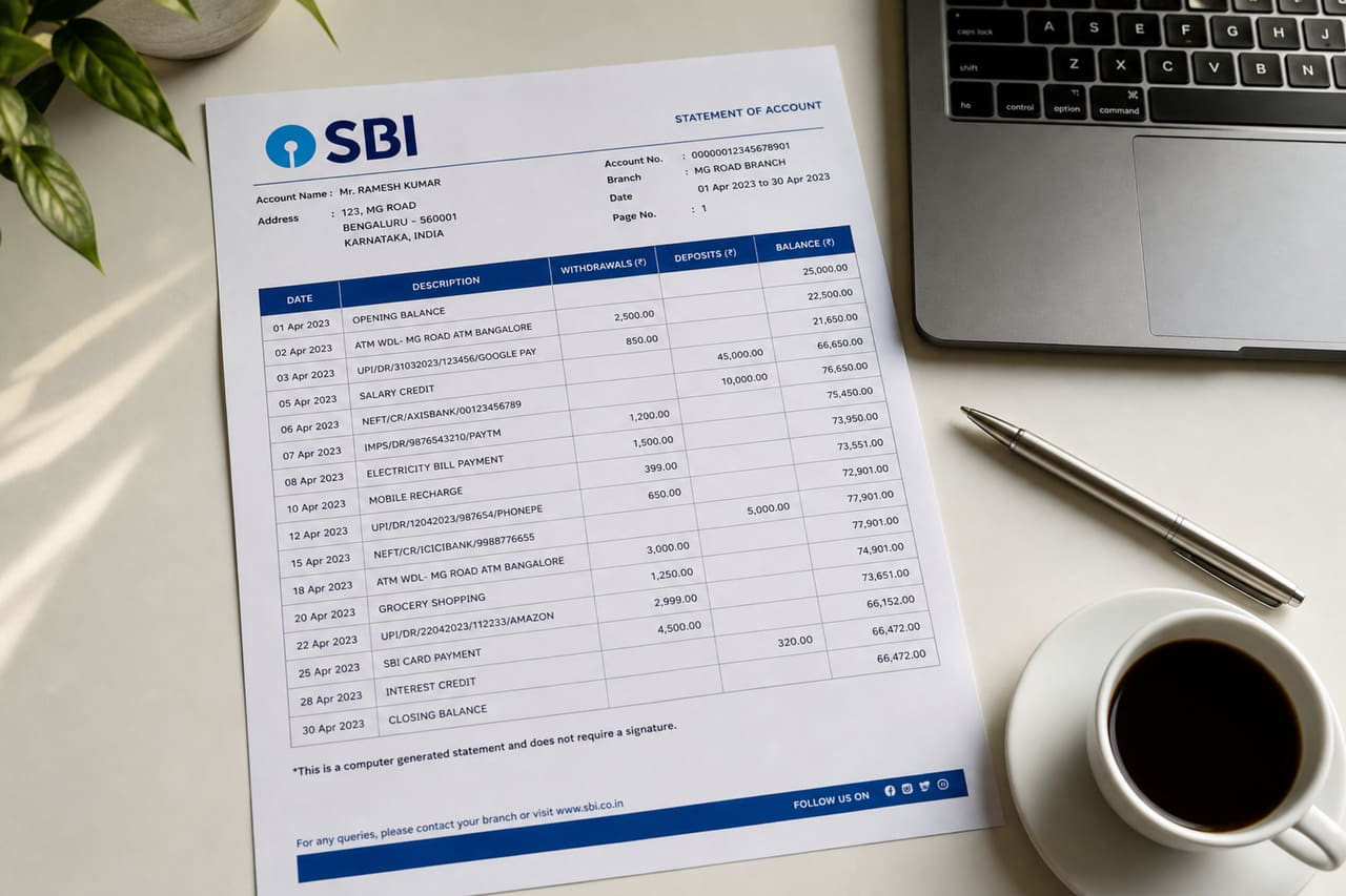 Printed Bank Statement and Laptop on Office Desk