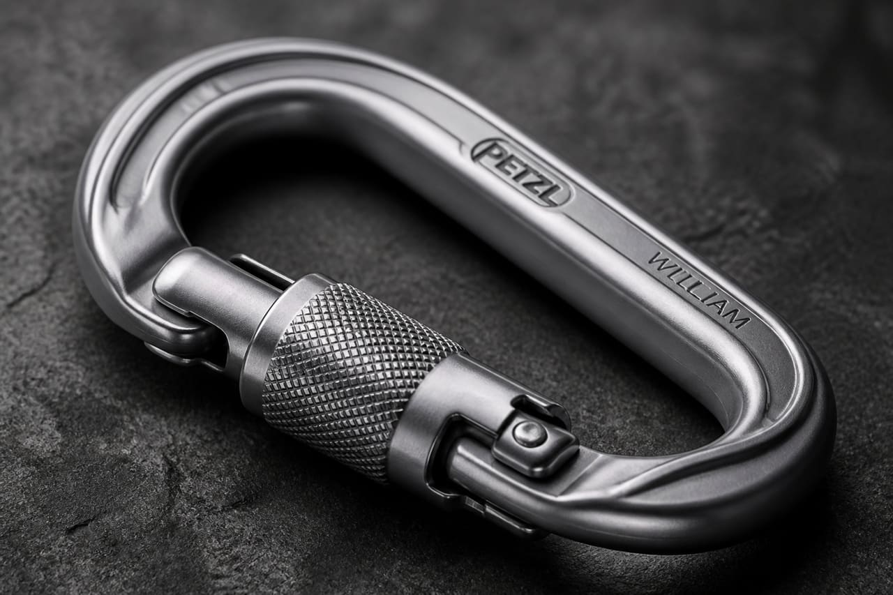 Petzl William Locking Carabiner on Dark Textured Background