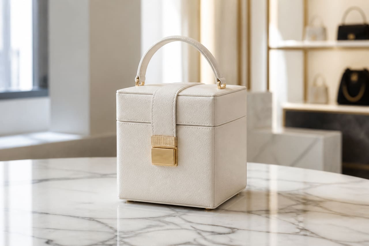Small Cube Shaped Leather Purse on a Marble Surface