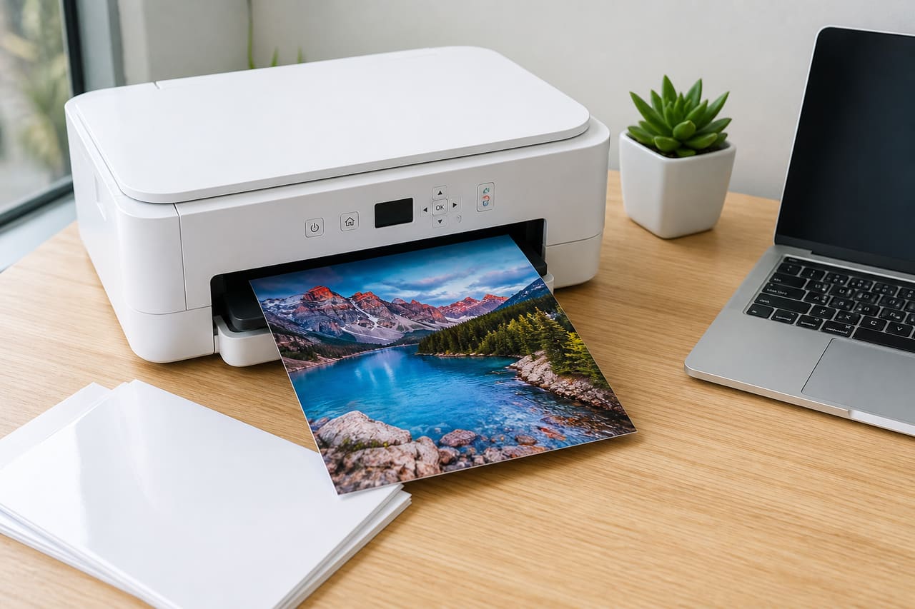 Compact Digital Photo Inkjet Printer on a Creative Workspace