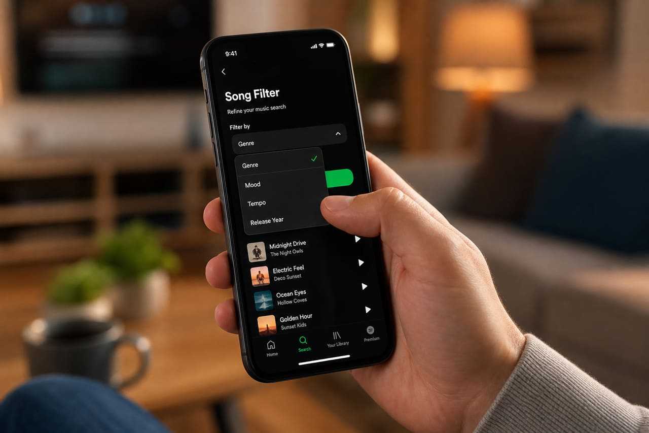 Person Using a Song Filter on a Mobile Music App