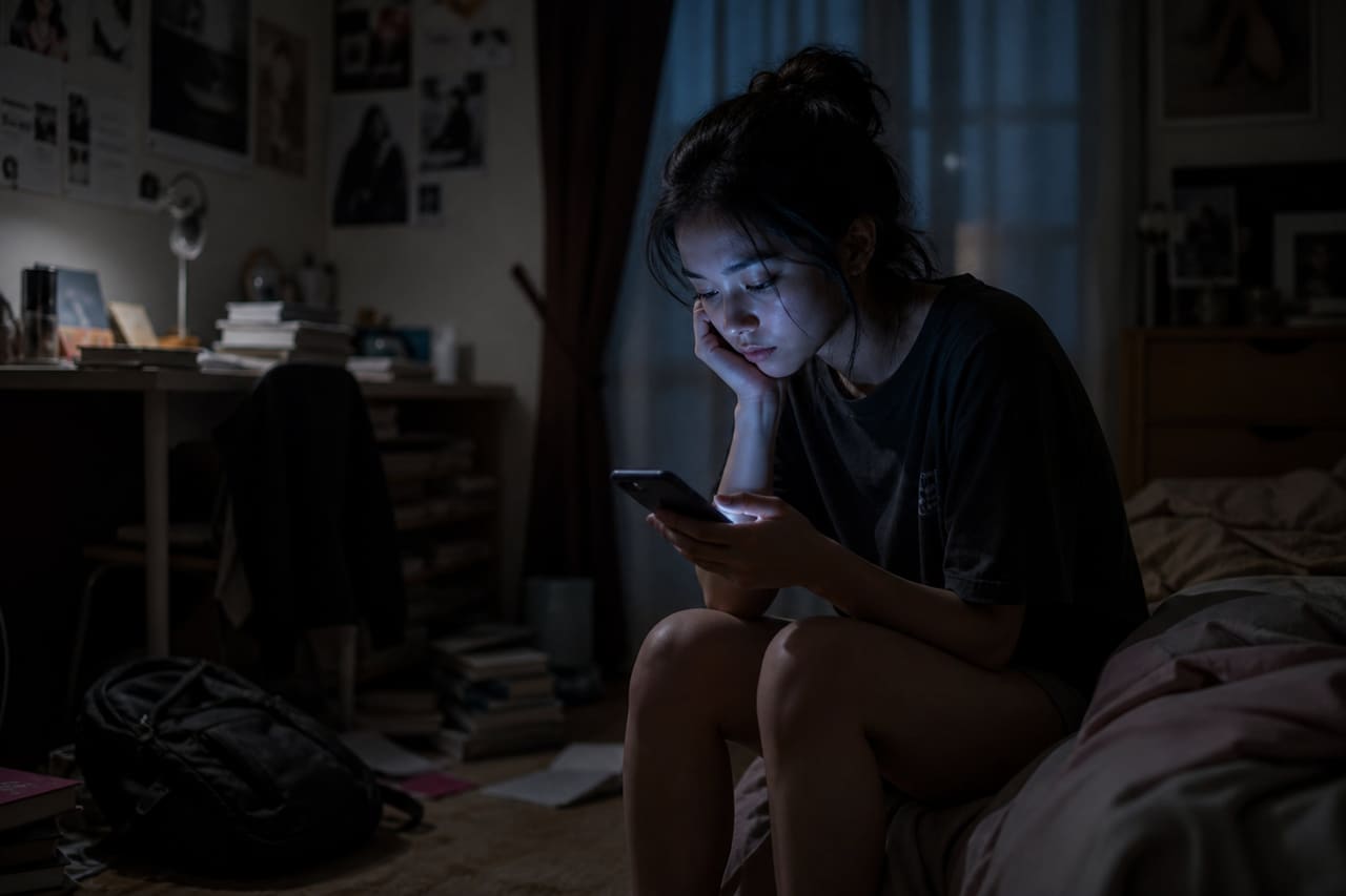 Lonely Teenager Using Smartphone in a Dark Bedroom