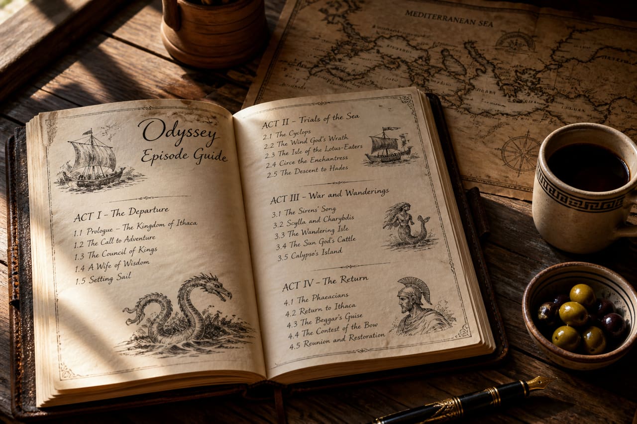 Handwritten Odyssey Episode Guide in a Leather Journal