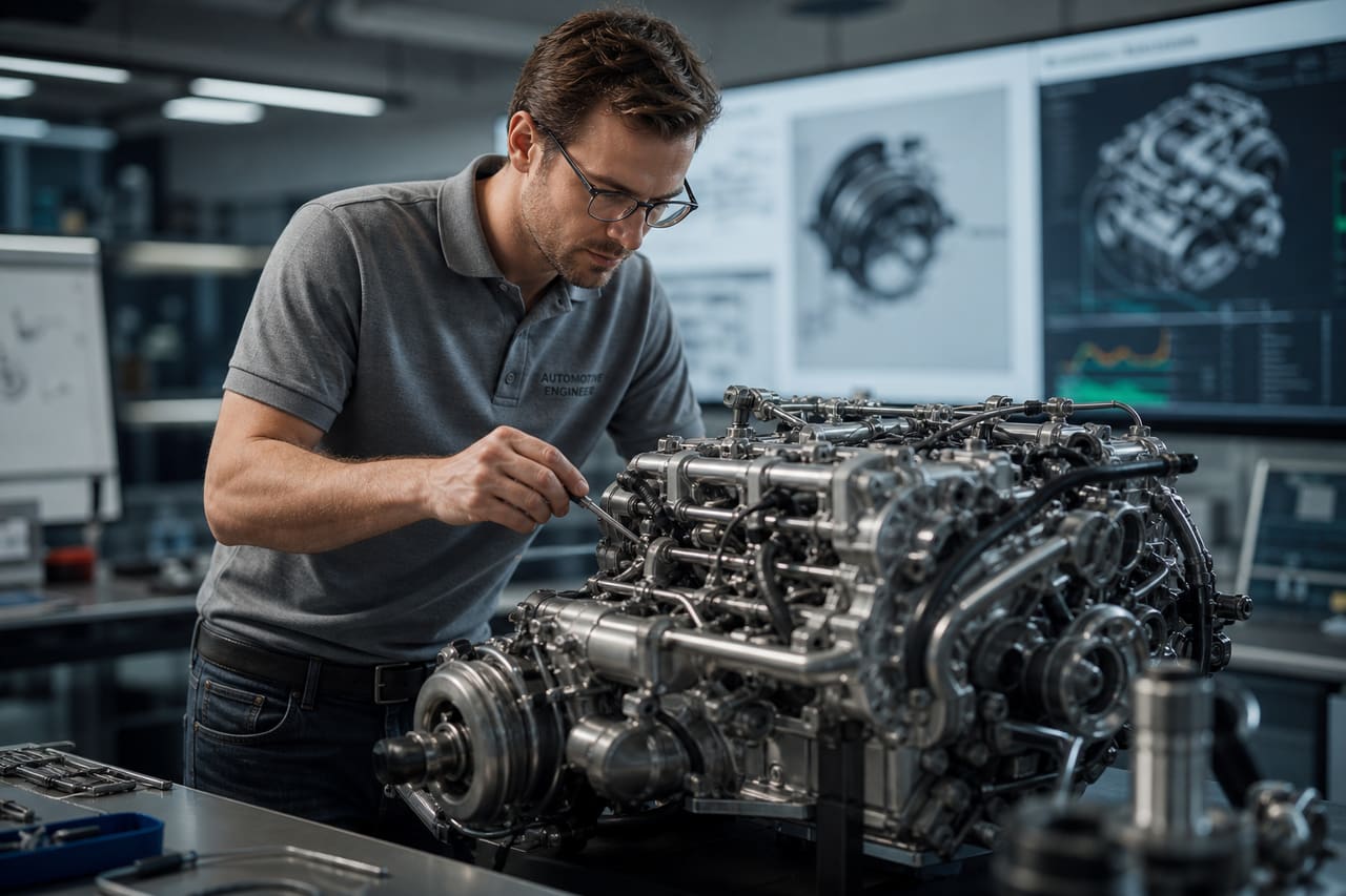 Automotive Engineer Analyzing Engine Components in a Modern Workshop