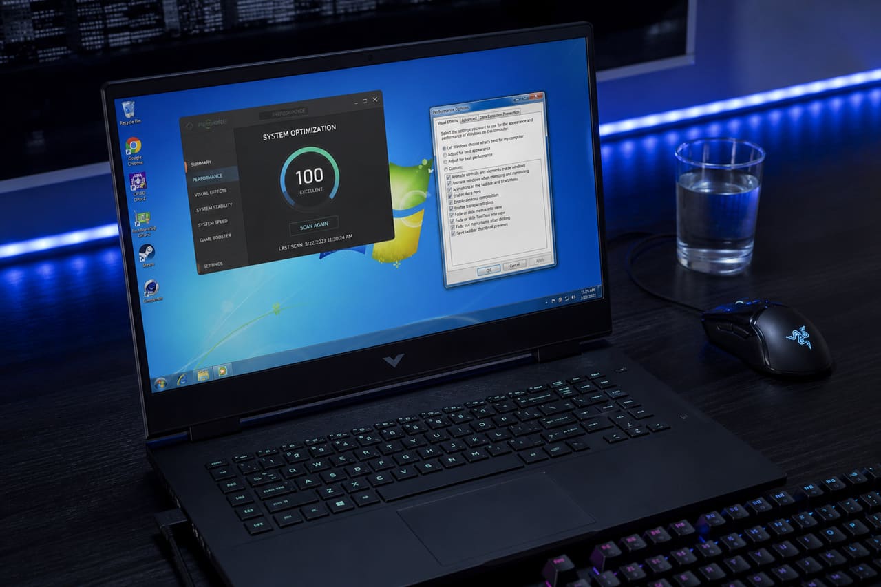 Gaming Laptop Displaying Windows 7 System Optimization Settings
