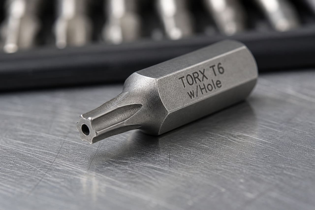 Torx T6 with Hole Security Bit on Metal Surface