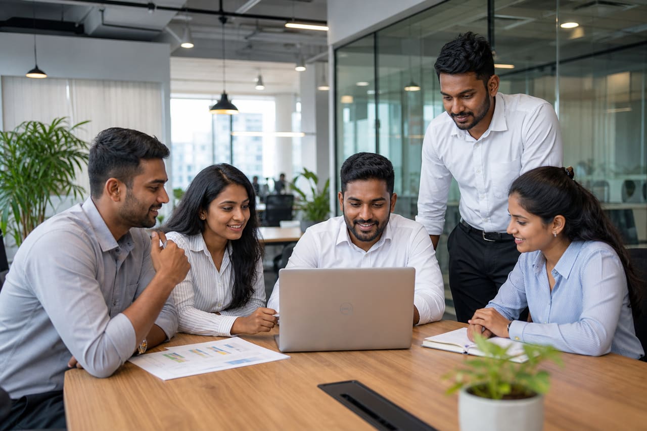 Professionals Collaborating in a Modern Corporate Office Setting