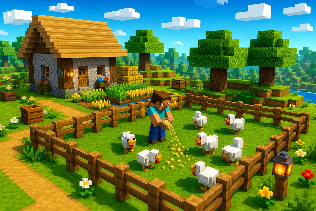 Digital Illustration of a Chicken Farm in a Blocky Voxel World