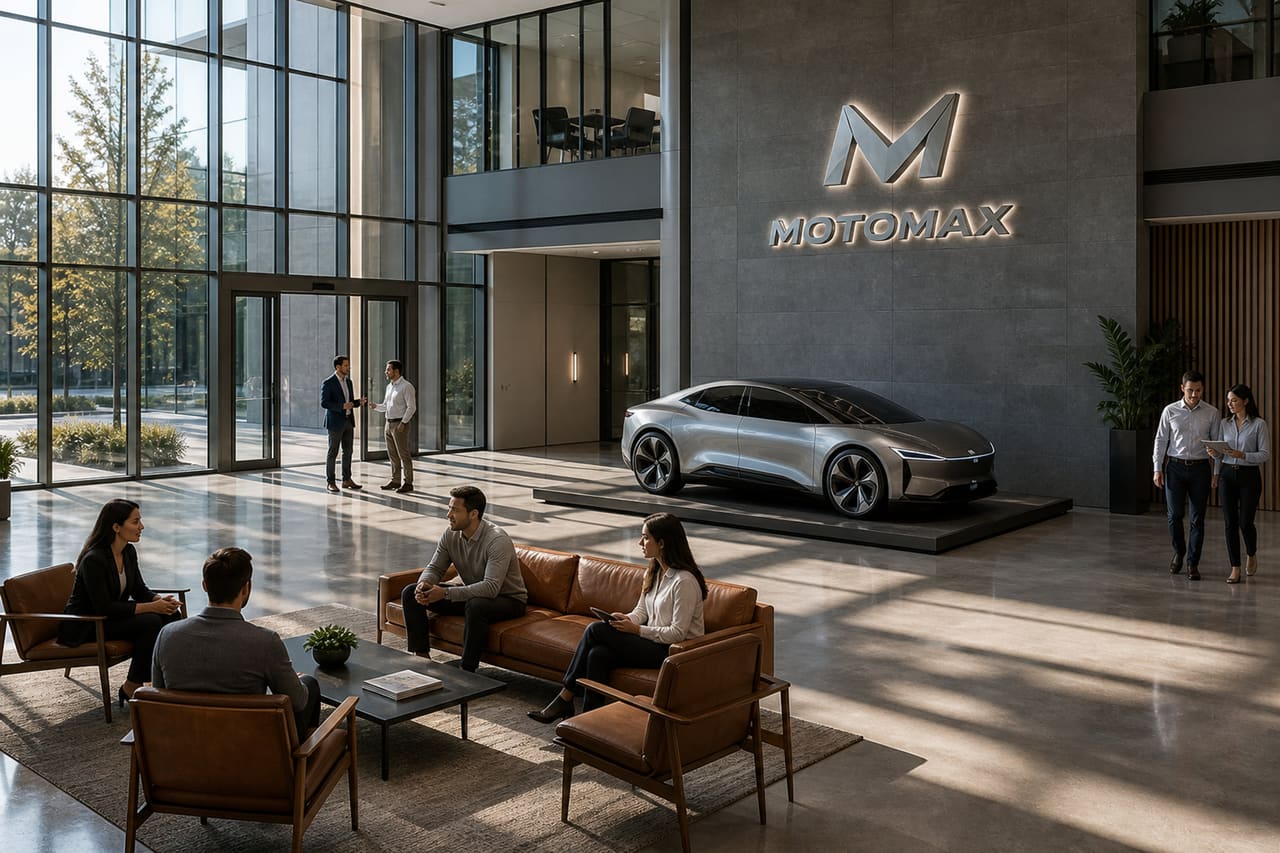 Modern Corporate Lobby of Motomax Company with Concept Car