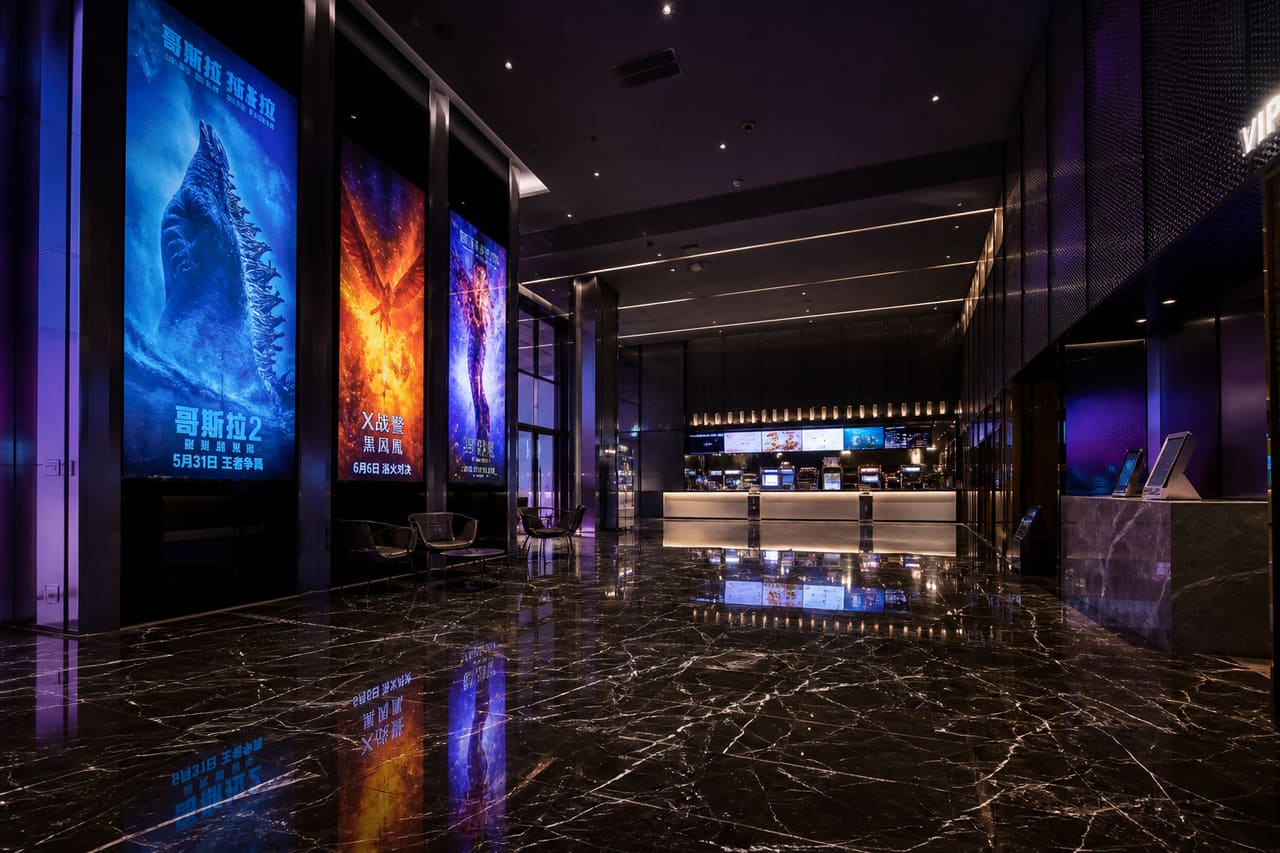 Modern Cinema Lobby with Digital Movie Posters