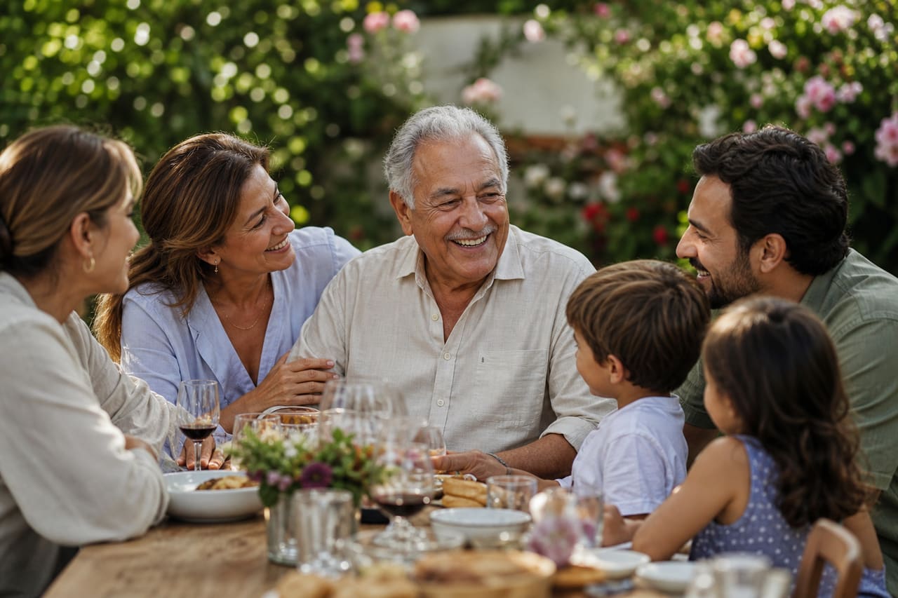 Happy Multi-Generational Family Gathering in a Sunny Garden