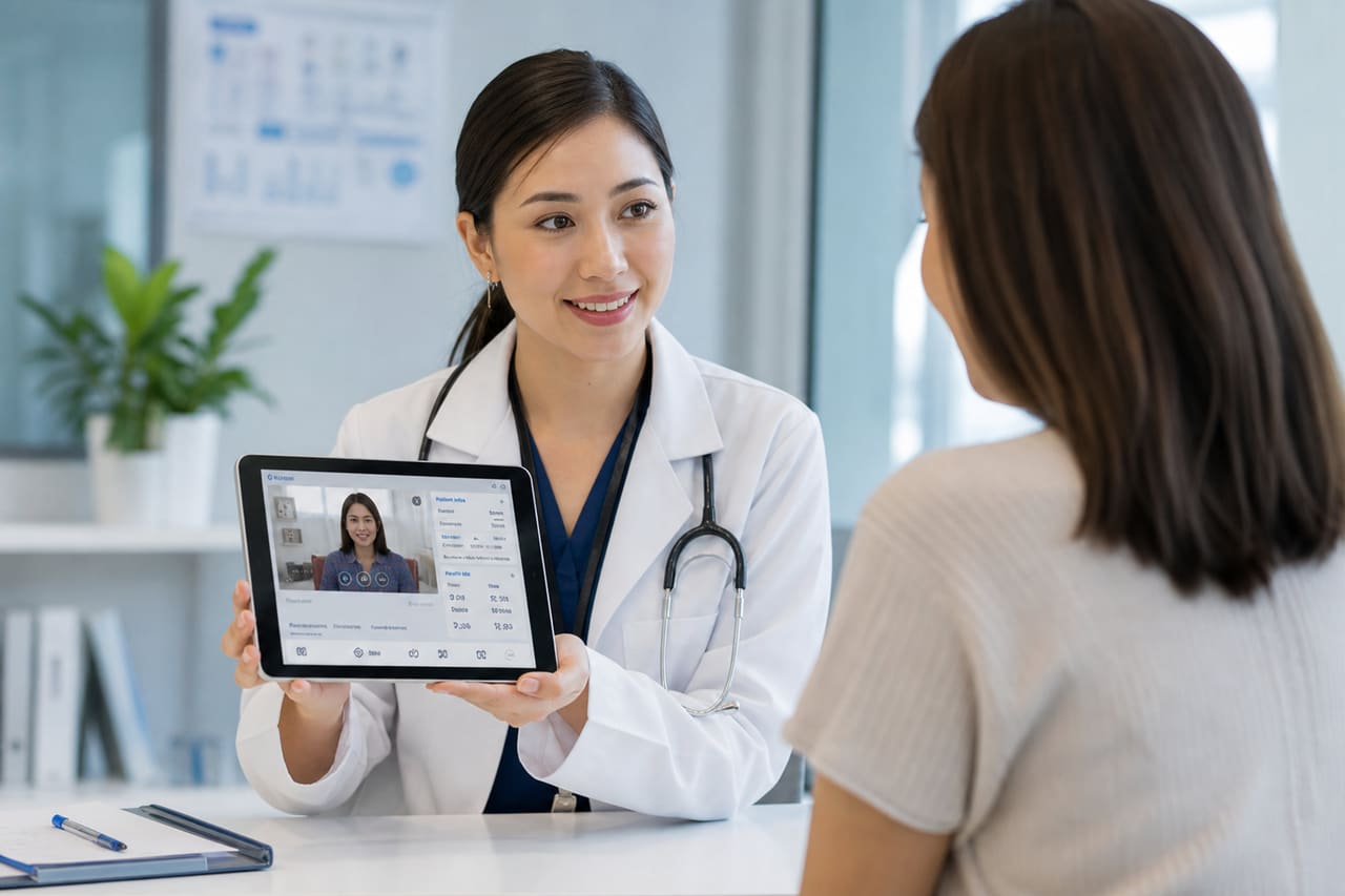 Filipino Doctor Showing Telemedicine Interface to Patient in Clinic