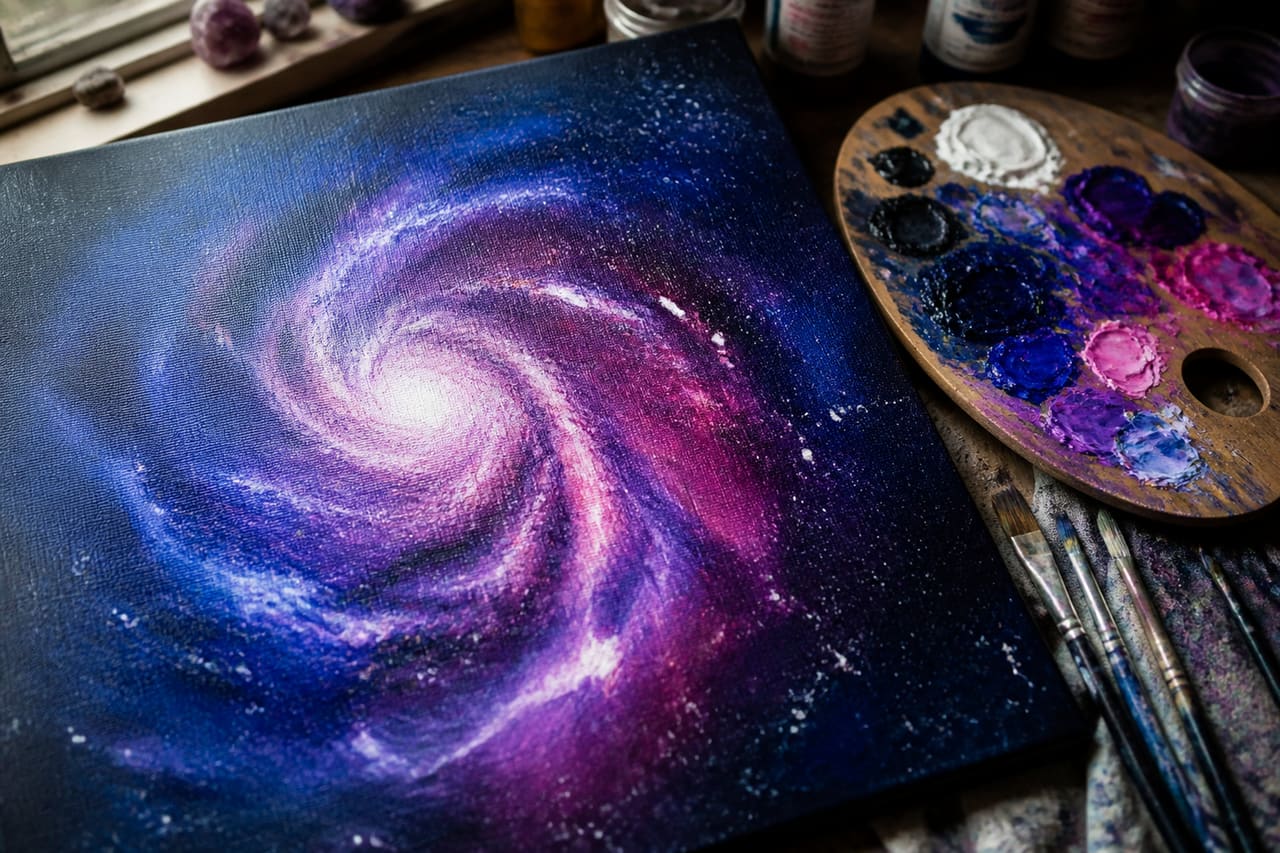 Artist Painting a Simple Galaxy on Textured Canvas