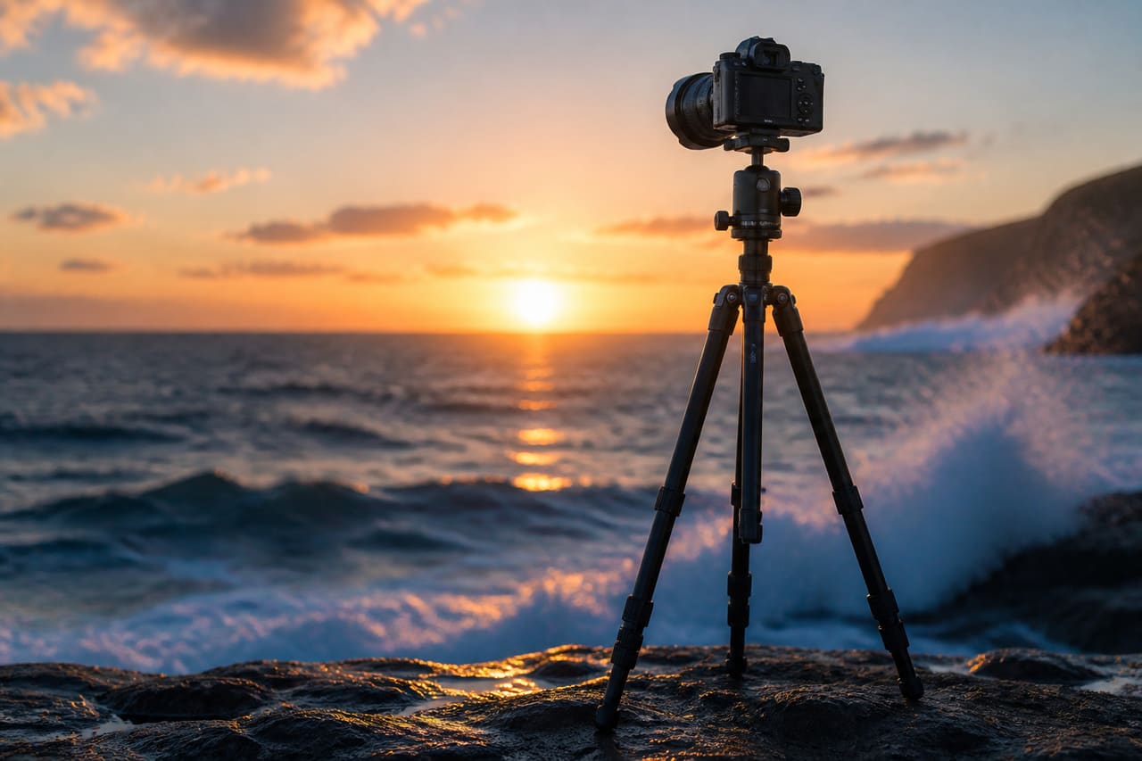 Professional Lightweight Aluminum Tripod Standing on a Coastal Cliff